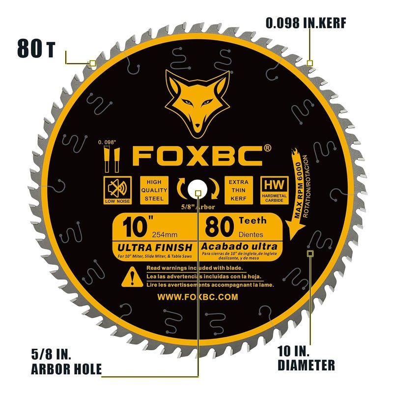 FOXBC 10-Inch Table Saw Blade, 80-Tooth, Ultra Finish Wood Cutting, 5/8-Inch Arbor - Image 2